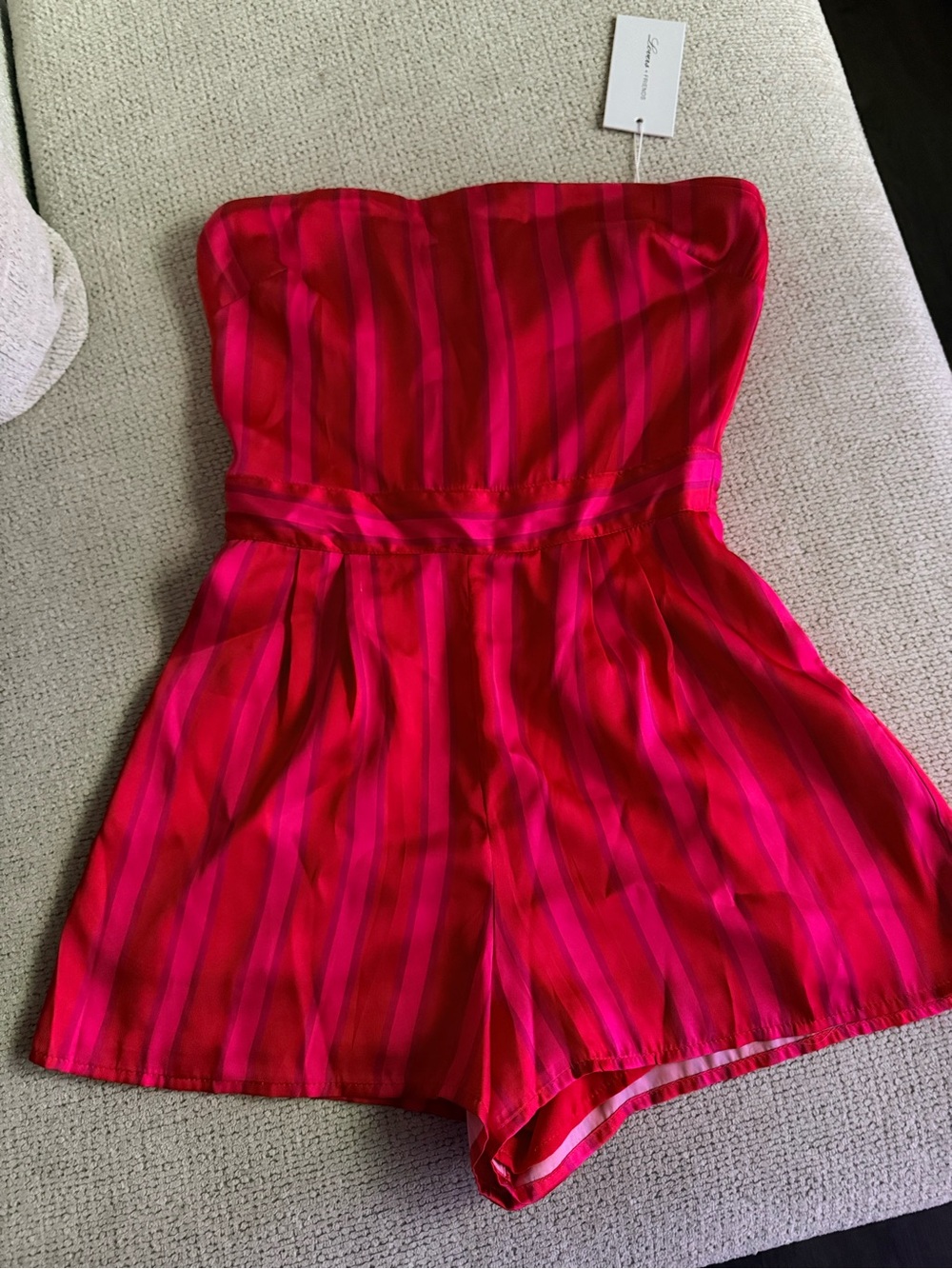 Lovers + Friends x REVOLVE Red Pink Striped Satin Strapless Romper XS NWT
